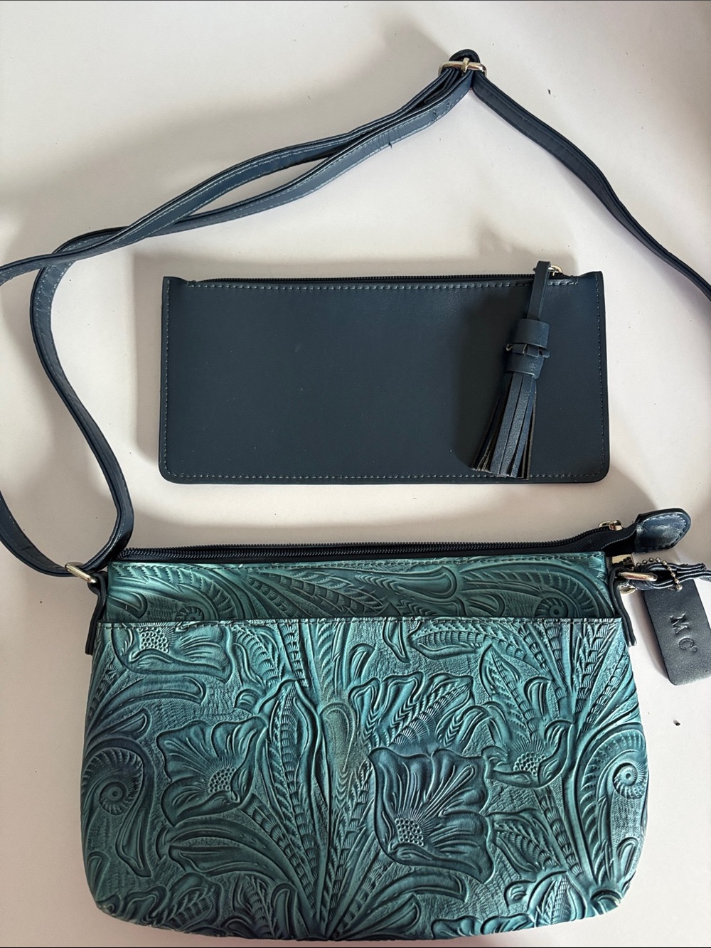 Teal Embossed Floral Leather Shoulder Bag with Tassel